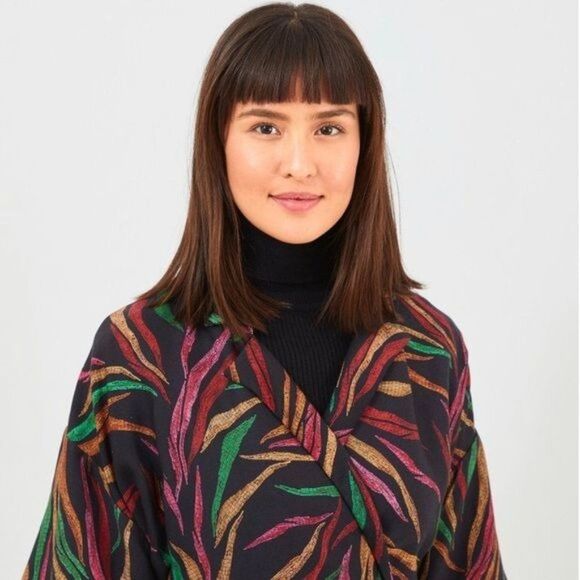 NWT FARM RIO Black Shiny Multicolor Leaf Print Mini Wrap Dress Size XS - Picture 2 of 9